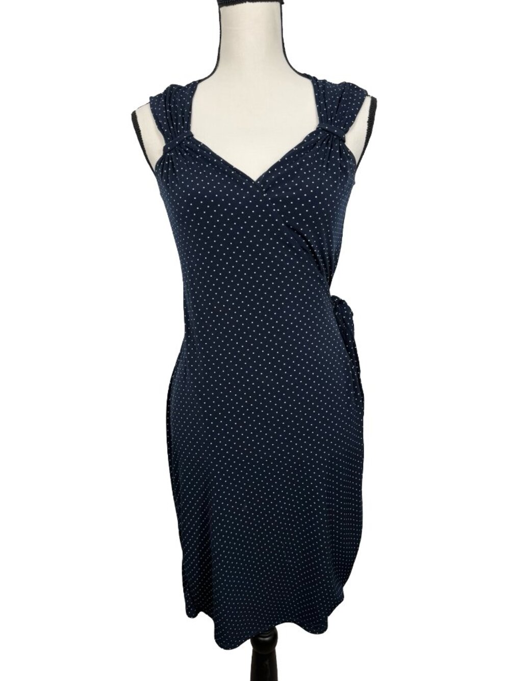 George Wrap Dress XS Navy Blue White Polka Dot Classy Trendy Liquid Knit Career